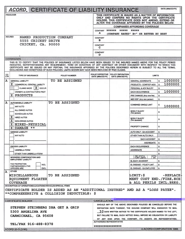 Certificate of Liability Insurance Form
